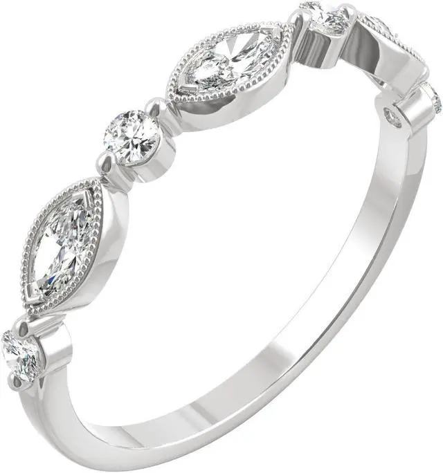 Alt view image 2 of 7 - 14K White Gold Moissanite by Charles & Colvard 4x2mm Marquise Milgrain Band-size 9 0.33cttw DEW