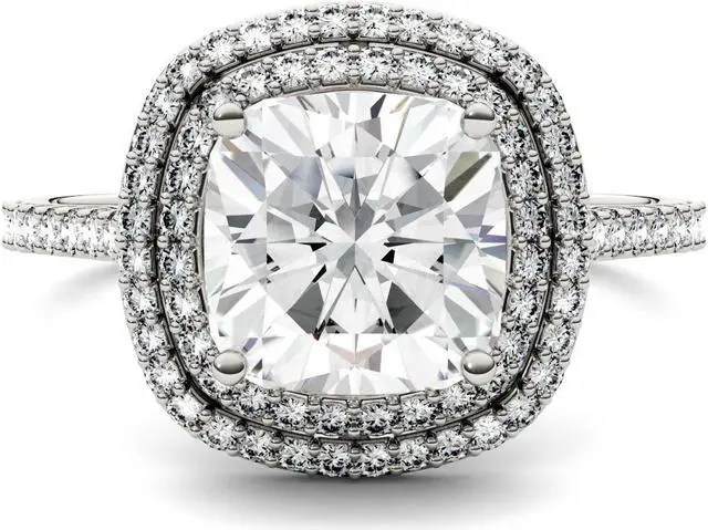 Alt view image 4 of 7 - 14K White Gold Moissanite by Charles & Colvard 8.0mm Cushion Halo Engagement Ring-size 6 2.90cttw DEW