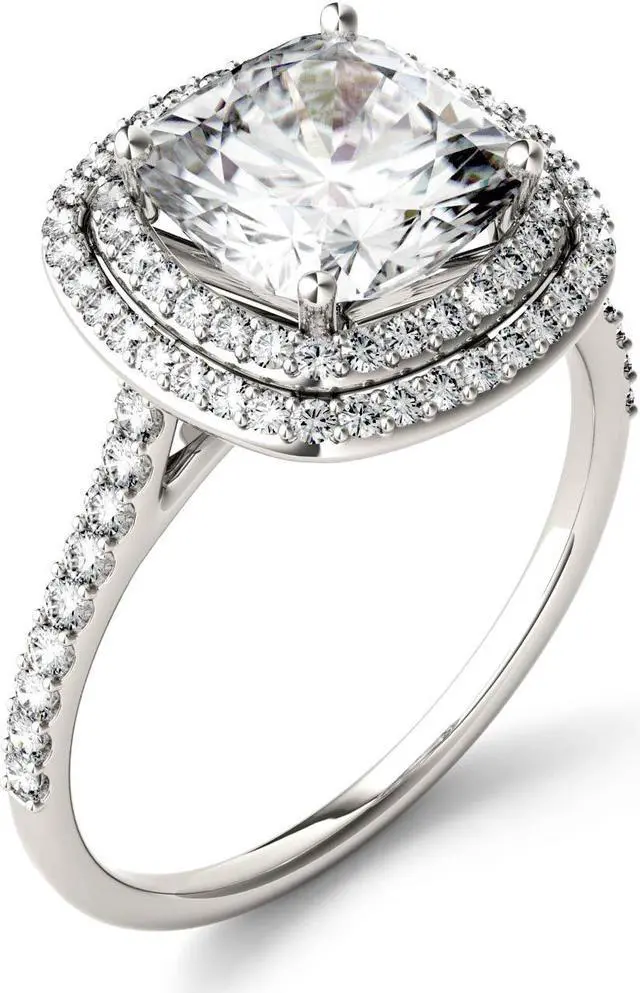 Alt view image 2 of 7 - 14K White Gold Moissanite by Charles & Colvard 8.0mm Cushion Halo Engagement Ring-size 6 2.90cttw DEW