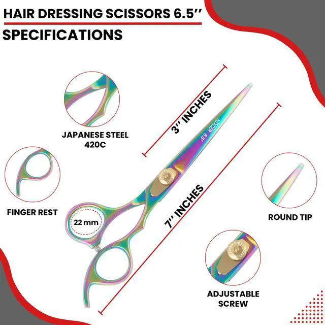 Alt view image 4 of 7 - Nixcer Hair Cutting Scissors -Sharp Razor Edge Blade Hair Shears Series - 6.5" With Fine Adjustment  Stainless Steel Hair Scissors Professional For Men, Women & Babies NHS006 Rainbow