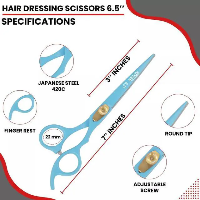 Alt view image 3 of 6 - Nixcer Hair Cutting Scissors Sharp Razor Edge Blade Hair Shears Series  6.5" With Fine Adjustment Stainless Steel Hair Scissors Professional For Men, Women & Babies Sky Blue