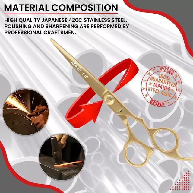 Alt view image 4 of 7 - Nixcer Hair Cutting Scissors Sharp Razor Edge Blade Hair Shears Series  6.5" With Fine Adjustment  Stainless Steel Hair Scissors Professional For Men, Women & Babies Gold