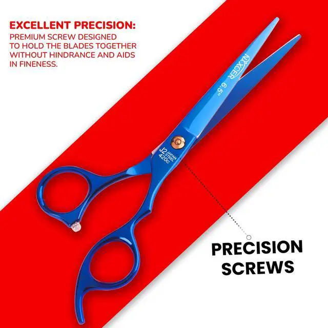 Alt view image 4 of 7 - Nixcer Professional Hair Cutting Scissors 6.5" For Hairdressers 100% Japanese Steel Ergonomic Design Offset Grip Universal Key Screw Adjustment Blue