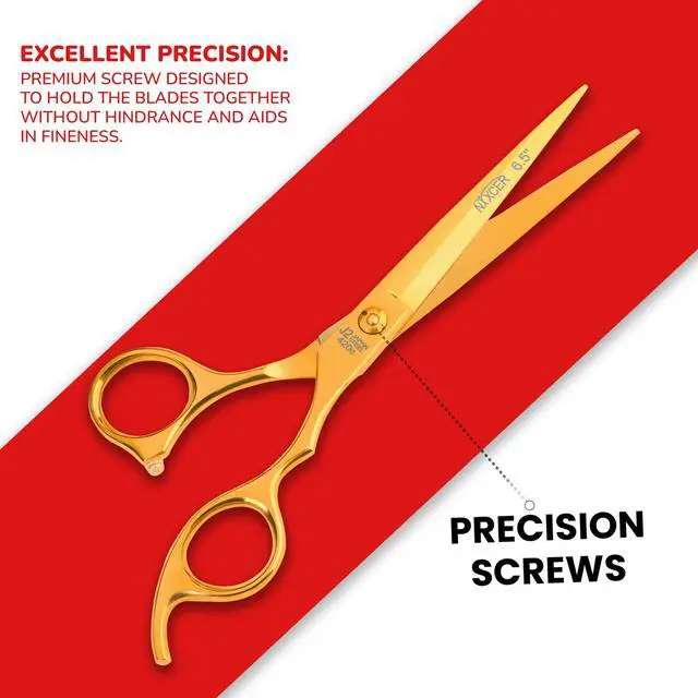Alt view image 4 of 7 - Nixcer Professional Hair Cutting Scissors 6.5" For Hairdressers - 100% Japanese Steel, Ergonomic Design, Offset Grip, Universal Key Screw Adjustment Gold
