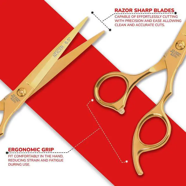 Alt view image 5 of 7 - Nixcer Professional Hair Cutting Scissors 6.5" For Hairdressers - 100% Japanese Steel, Ergonomic Design, Offset Grip, Universal Key Screw Adjustment Gold