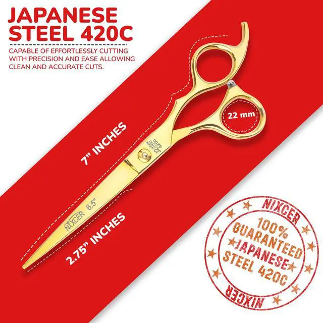 Alt view image 2 of 7 - Nixcer Professional Hair Cutting Scissors 6.5" For Hairdressers - 100% Japanese Steel, Ergonomic Design, Offset Grip, Universal Key Screw Adjustment Gold