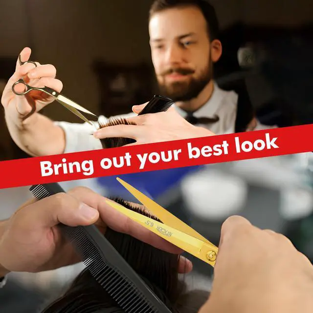 Alt view image 7 of 7 - Nixcer Professional Hair Cutting Scissors 6.5" For Hairdressers - 100% Japanese Steel, Ergonomic Design, Offset Grip, Universal Key Screw Adjustment Gold
