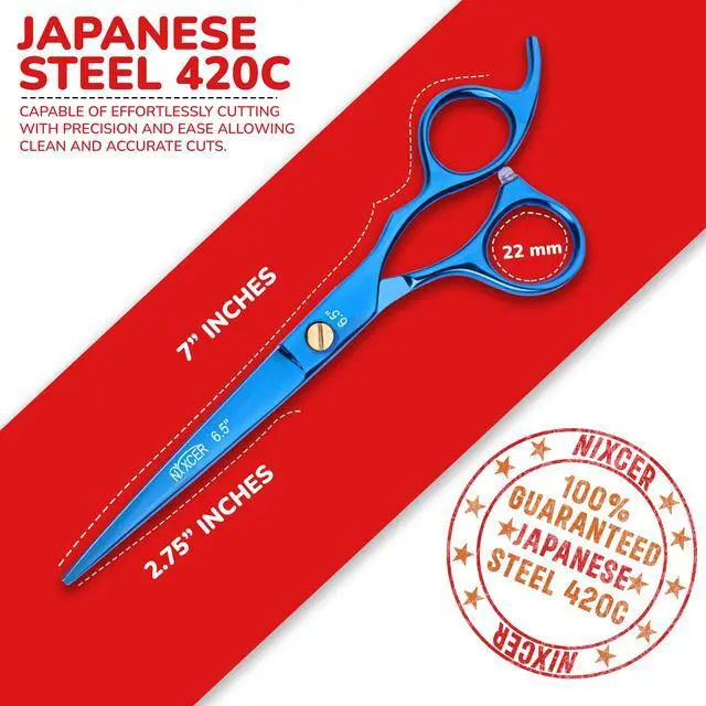 Alt view image 2 of 7 - Nixcer Professional Hair Cutting Scissors 6.5" For Hairdressers  100% Japanese Steel Ergonomic Design Offset Grip Moose Screw Blue