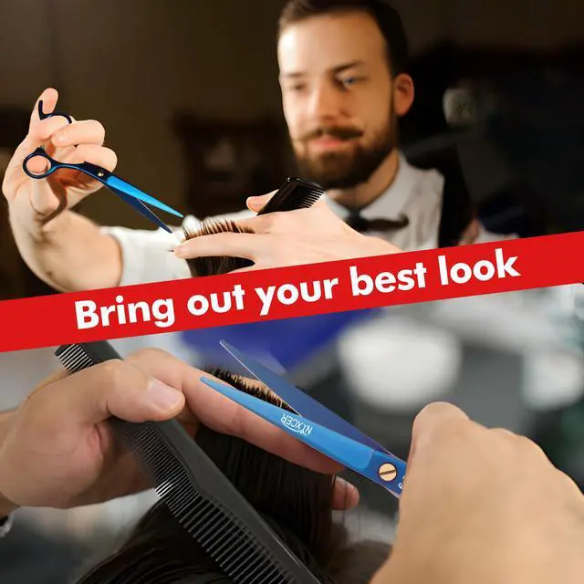 Alt view image 7 of 7 - Nixcer Professional Hair Cutting Scissors 6.5" For Hairdressers  100% Japanese Steel Ergonomic Design Offset Grip Moose Screw Blue