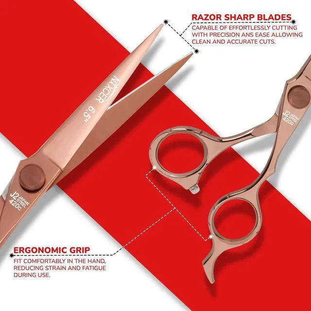 Alt view image 4 of 7 - NIXCER PROFESSIONAL SERIES RAVEN RAZOR EDGE FLAT HEAD SCREW HAIR CUTTING SCISSORS 6.5" ROSE GOLD