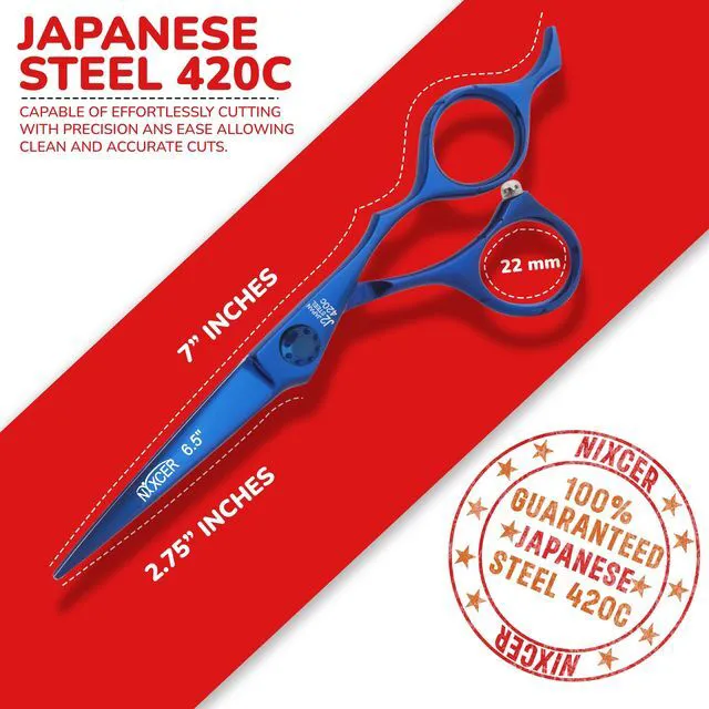Alt view image 4 of 7 - NIXCER PROFESSIONAL SERIES RAVEN RAZOR EDGE DOTTED SCREW HAIR CUTTING SCISSORS 6.5" BLUE