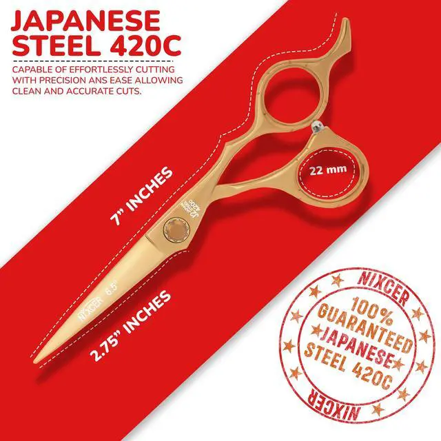 Alt view image 4 of 7 - NIXCER PROFESSIONAL SERIES RAVEN RAZOR EDGE BALL BEARING SCREW HAIR CUTTING SCISSORS 6.5" GOLD
