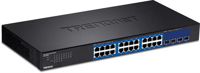 Alt view image 2 of 20 - TRENDnet 28-Port Web Smart Switch, 24 x Gigabit Ports, 4 x 10G SFP+ Slots, High Speed Network Uplinks, 128 Gbps Switching Capacity, Network Ethernet Switch, 1U Rack Mountable, Black, TEG-30284