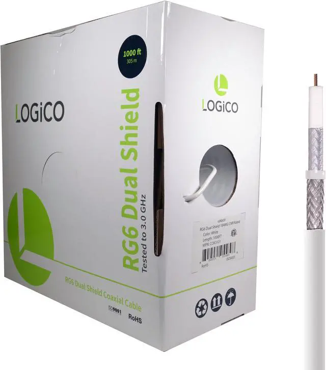 Main image of RG6 Coaxial Cable CCS 18AWG Dual Shield Coax 1000ft TV Antenna Satellite White