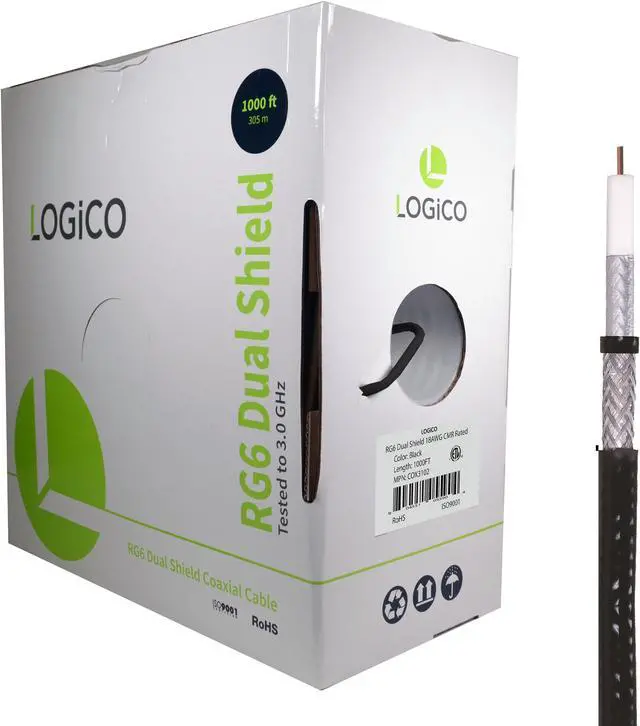 Main image of RG6 Coaxial Cable CCS 18AWG Dual Shield Coax 1000ft TV Antenna Satellite Black