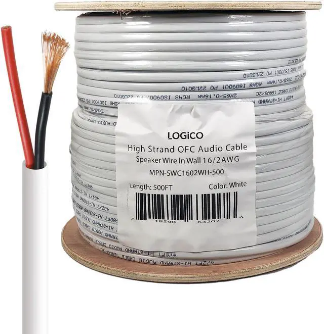 Main image of In Wall Audio Speaker Cable Wire 16/2 Gauge/AWG OFC Pure Copper 500ft White