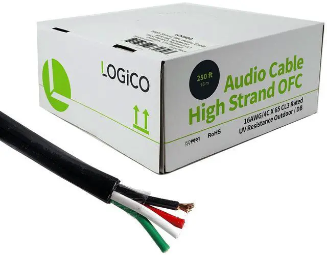 Main image of 250ft Speaker Wire 16AWG 4 Conductor 16/4 Direct Burial In-Wall Audio Bare Copper Black