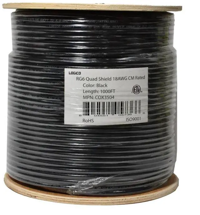 Alt view image 11 of 11 - RG6 Quad Shield Coaxial Cable 18 AWG 1000ft Bulk Coax Satellite TV Black