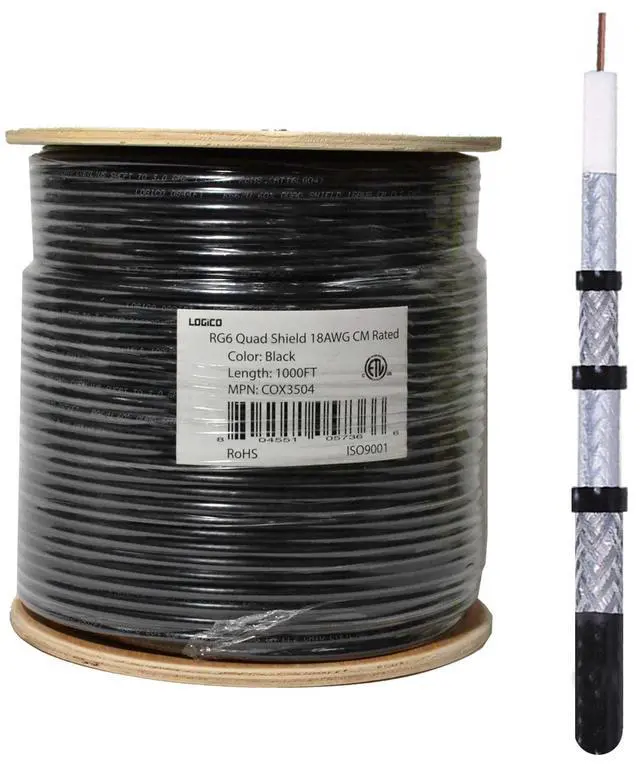 Alt view image 8 of 11 - RG6 Quad Shield Coaxial Cable 18 AWG 1000ft Bulk Coax Satellite TV Black