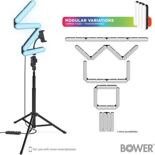Main image of Bower Modular Quad White & RGB Ring Light with 60" Tripod & Ball-Head & Smartphone Holder, Black