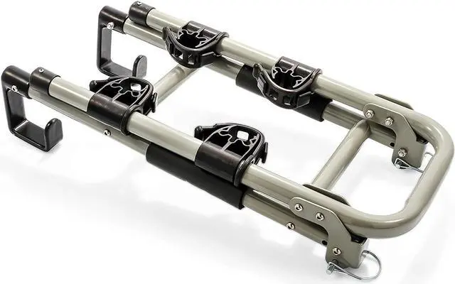 Alt view image 7 of 8 - camco rv ladder mount bike rack  easily installs on standard rv ladders, holds two bikes at once, folds for convenient storage 51492