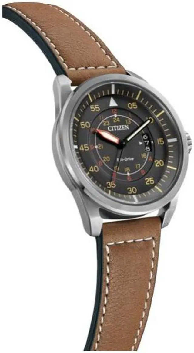 Alt view image 19 of 19 - Citizen AW1361-10H Men's Avion Eco-Drive Charcoal Dial Brown Leather Strap Watch