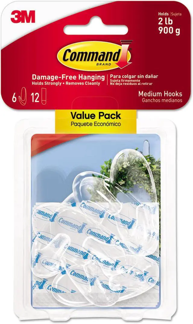 Main image of Clear Hooks & Strips, Plastic, Medium, 6 Hooks & 12 Strips/pack