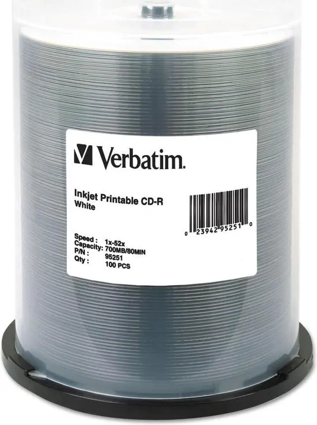 Alt view image 2 of 5 - Verbatim CD-R 700MB 52X White Inkjet Printable - 100pk Spindle