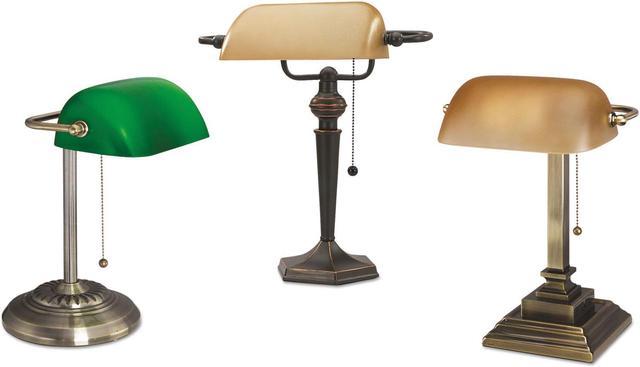 Traditional Banker's Lamp, Green Glass Shade, Antique Brass Base