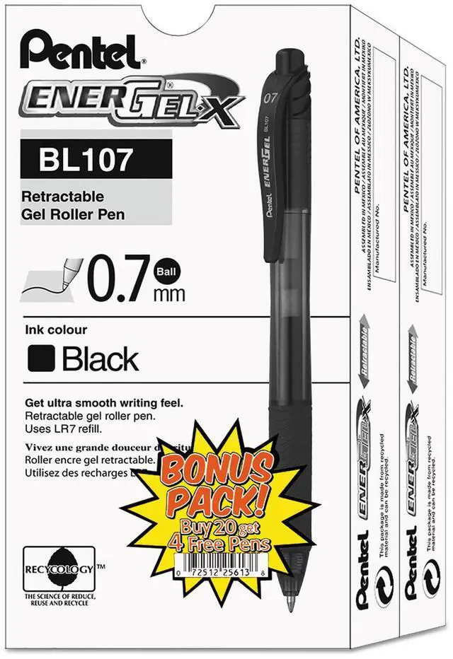 Main image of Energel-X Retractable Roller Gel Pen, .7mm, Black Barrel, Black Ink, 24/pack
