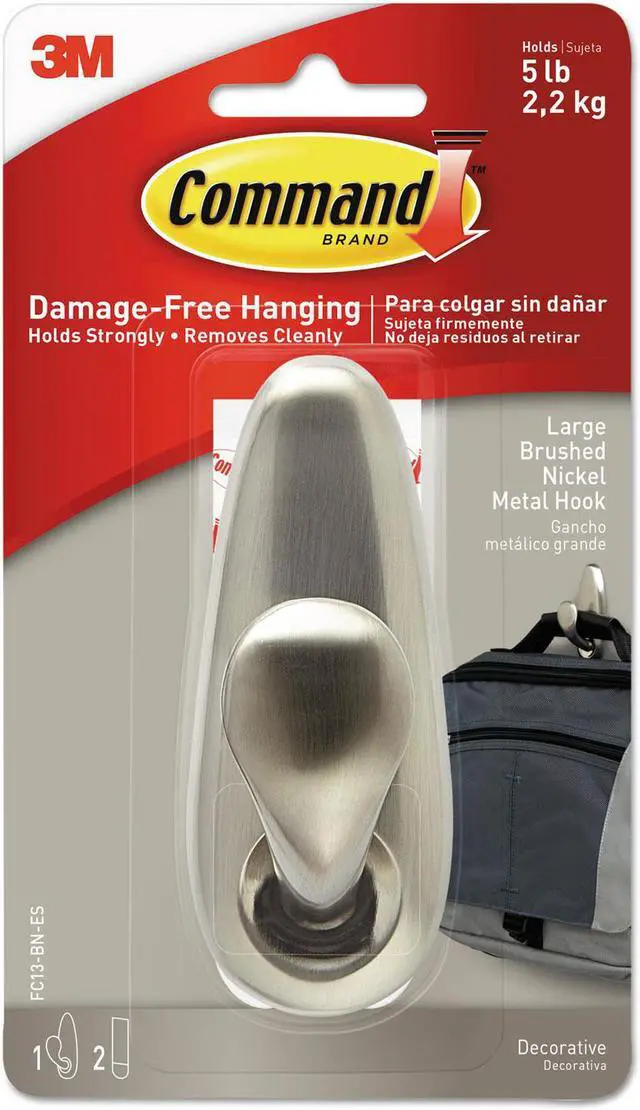 Main image of Adhesive Mount Metal Hook, Large, Brushed Nickel Finish, 1 Hook & 2 Strips/pack