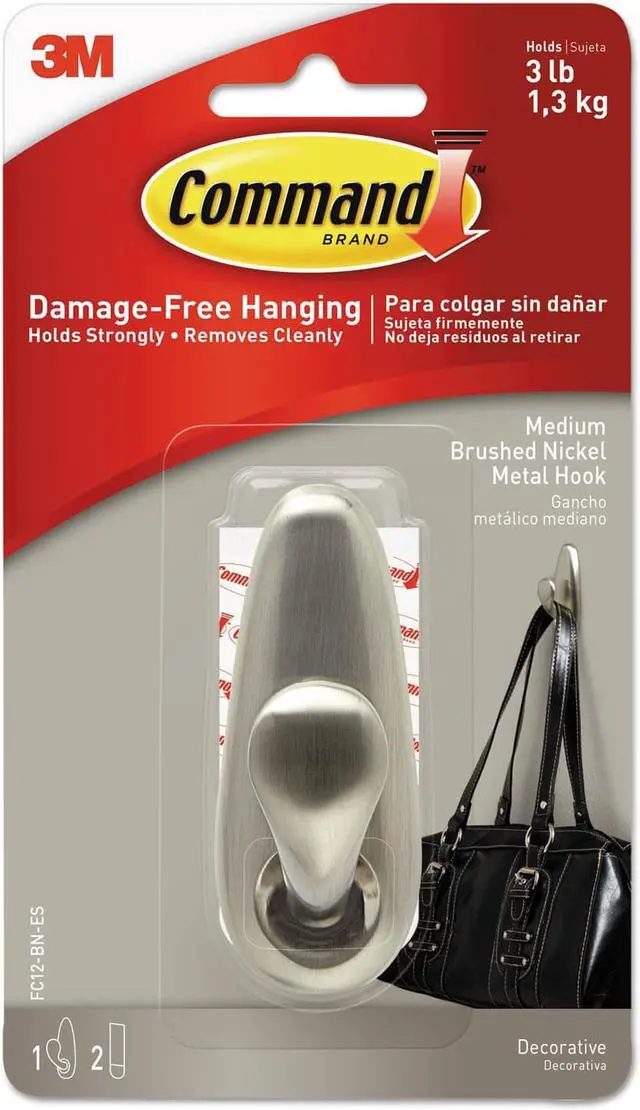 Alt view image 3 of 3 - Adhesive Mount Metal Hook, Large, Brushed Nickel Finish, 1 Hook & 2 Strips/pack