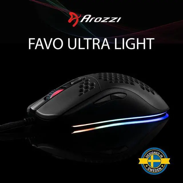 Main image of Arozzi - Favo Ultra Lightweight Customizable RGB Gaming Mouse with Honeycomb Pattern, Pixart 3389 Sensor, and Omron 20M Switches - Black Grey