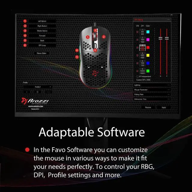 Alt view image 5 of 7 - Arozzi - Favo Ultra Lightweight Customizable RGB Gaming Mouse with Honeycomb Pattern, Pixart 3389 Sensor, and Omron 20M Switches - Black Grey