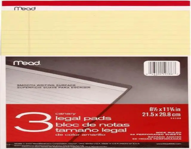 Main image of Mead Canary Legal Pads, 8.5 X 11.75 Inches, 3 Pack, 50 Sheets (59386)
