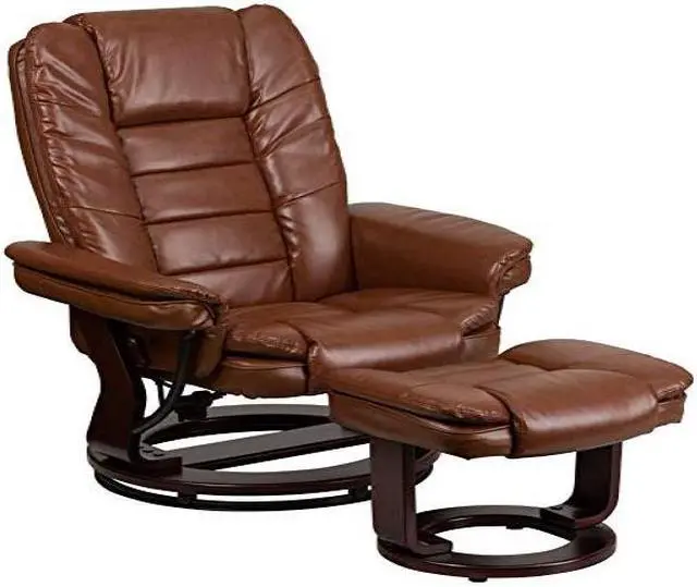 Alt view image 3 of 10 - Contemporary Multi-Position Recliner with Horizontal Stitching and Ottoman with Swivel Mahogany Wood Base in Brown Vintage Leather