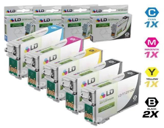 Alt view image 6 of 6 - LD © Remanufactured Replacement for Epson T125 5-Set Ink Cartridges: 2 Black T125120 & 1 each of Cyan T125220 / Magenta T125320 / Yellow T125420