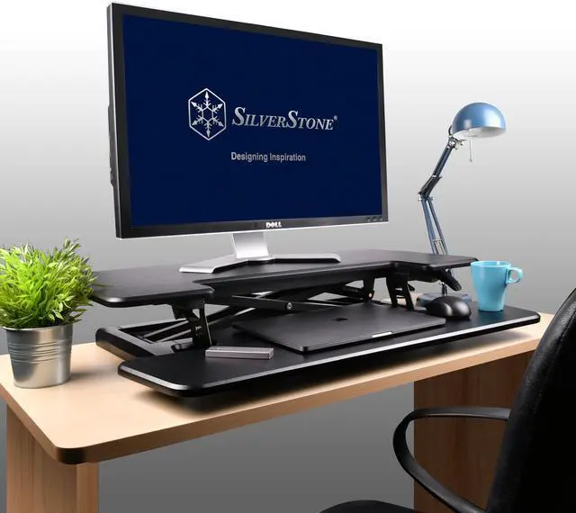 Main image of Silverstone Technology DR01 Monitor Riser Adjustable Standing Desk Tabletop Workstation with Adjustable Height and Full Length Detachable Keyboard Tray, Scratch Resistant and Holds up to 15kg