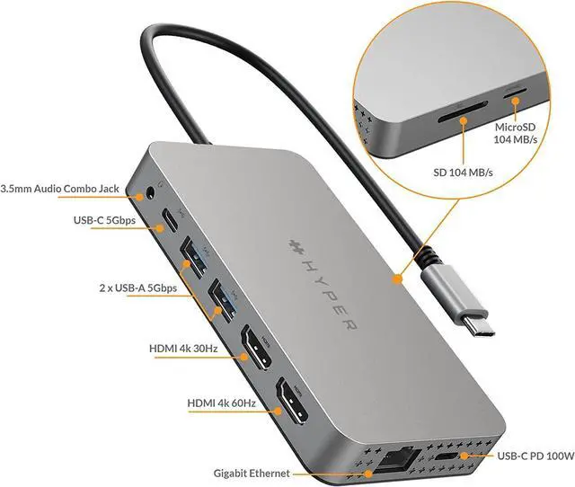 Alt view image 3 of 10 - Hyper HDM1H Dual 4K HDMI 10-in-1 USB-C Hub