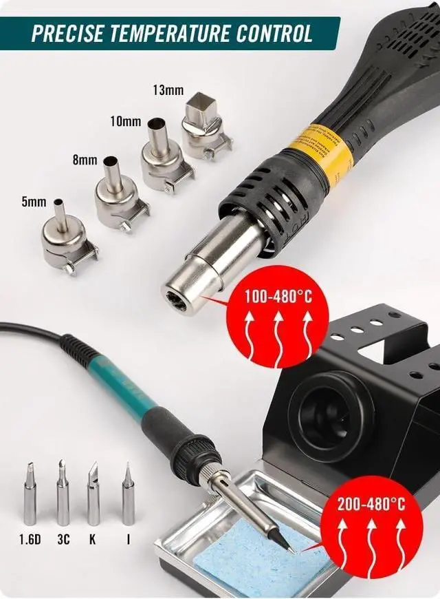 Alt view image 2 of 6 - Soldering Station, Rockman Tools 2 in 1 Soldering & Hot/Cooling Air Conversion, LCD, Auto Sleep Protection, 480 Celsius Fast Heating with 4 Extra High Quality Tips and 4 Types Air Nozzles