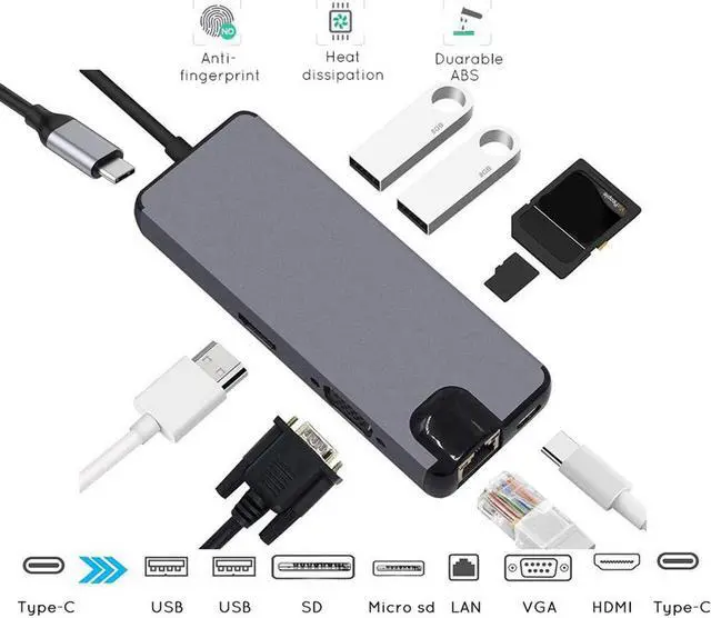 Main image of Jansicotek USB C Hub Type C Adapter 8 in 1 with Ethernet RJ45, 4K HDMI, 1080P VGA, 2 USB 3.0, Micro SD/TF for MacBook Pro 2019/2018, iMac 2017, Huawei MateBook, Chromebook Pixel and USB C Devices