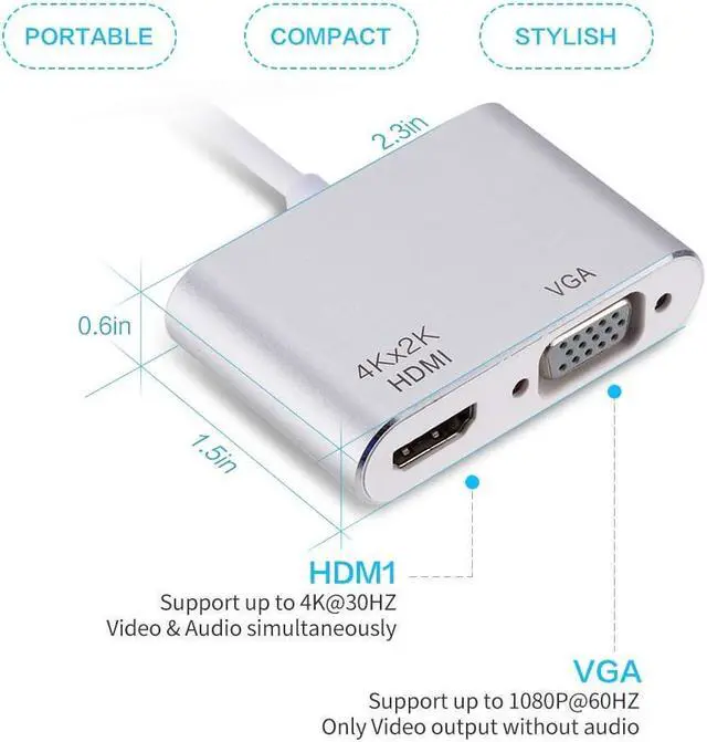 Alt view image 3 of 7 - USB C to HDMI/VGA Adapter,Jansicotek 2 in 1 USB 3.1 Type C to VGA/HDMI Adapter 4K UHD, Support HDMI VGA Simultaneously, Male to Female Multi-Display Video Converter - No Need Driver ,Silver
