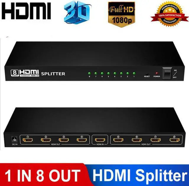Main image of 1080P 1x8 HDMI Splitter, 1 in 8 Out HDMI Splitter Audio Video Distributor Box Support Full HD 3D & 1080P Compatible for PS 3/4, Xbox,HDTVs, projectors, PC monitors,Blu-ray DVD player- Adapter Included