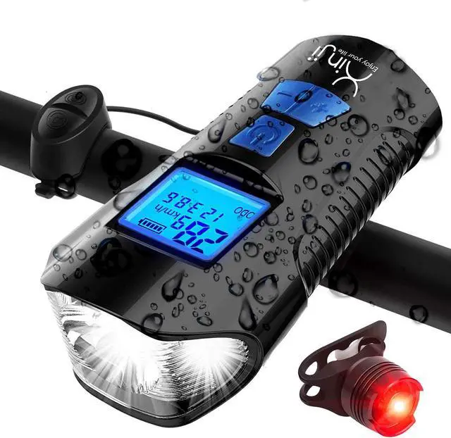 Main image of LED Bike Light, Rechargeable Bright Bicycle Headlight with Horn Back Light, LCD Speedometer Odometer and Safety Warning Lamp for Road Mountain and All Bikes Walking Cycling Riding at Night