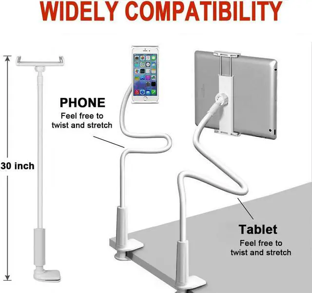 Alt view image 4 of 7 - Gooseneck Tablet Stand,Tablet Holder Mount, 360° Flexible Long Arm Lazy Cell Phone Holder for Desk Tablet Mount Bed Stand Compatible with iPad,iPhone,Samsung,Kindle and More 4.7"-10.6" Device, White