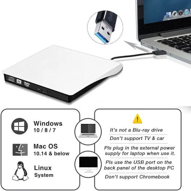 Alt view image 7 of 7 - XD001 External CD DVD Drive, USB C Writer Type C USB 3.0 CD DVD RAM Burner Combo High Speed Re-Writer for Laptop Notebook PC Desktop Computer (White)