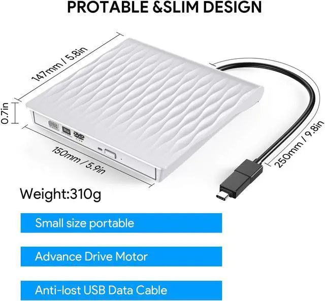 Alt view image 2 of 7 - Jansicotek External CD DVD Drive USB 3.0 Type-C Portable CD/DVD ROM Drive Burner Rewriter for Windows Linux Mac Laptop Desktop, MacBook Pro/Air, iMac(SLS01), White
