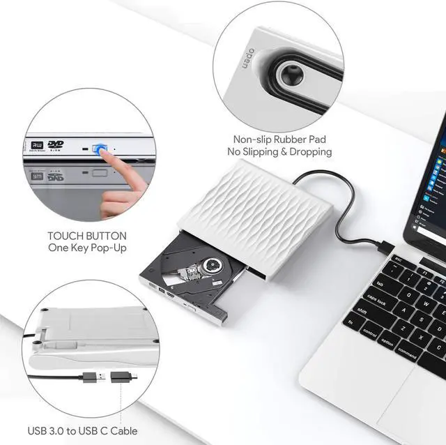 Alt view image 3 of 7 - Jansicotek External DVD Drive USB 3.0/Type-C Portable Pop-up CD/DVD+/-RW Burner Player USB C Superdrive CD ROM for Laptop Mac MacBook Pro Air Windows Desktop PC (SLS01), White