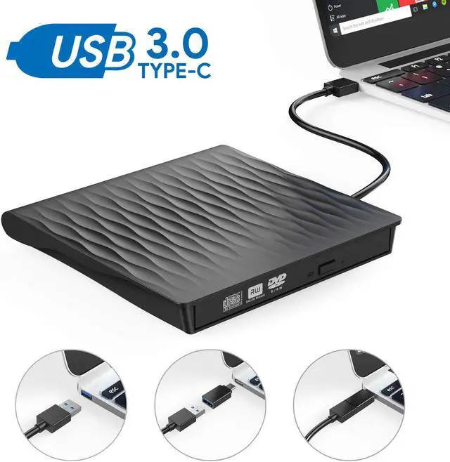 Main image of External DVD Drive, USB 3.0 Type C CD Drive, Dual Port DVD Player, Portable Optical Burner Writer Rewriter, High Speed Data Transfer for Laptop Notebook Desktop PC MAC OS Windows 7/8/10, (SLS01) Black