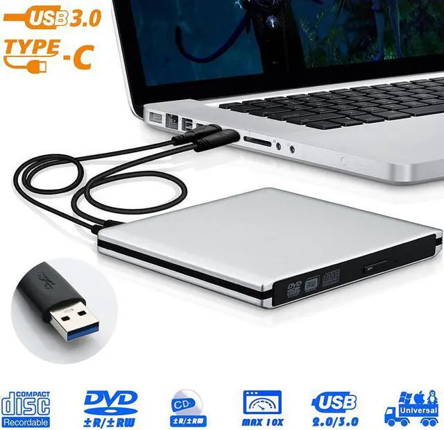 Main image of Aluminum External DVD Drive, USB 3.0 Type C CD Drive, Dual Port DVD Player, Portable Optical Burner Writer Rewriter, High Speed Data Transfer for Laptop Notebook Desktop PC MAC OS Windows, Silver